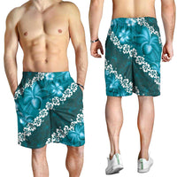Vintage Dark Cyan Polynesia Shorts for Men Plumeria With Hibiscus Tropical Vibes LT14 - Polynesian Pride