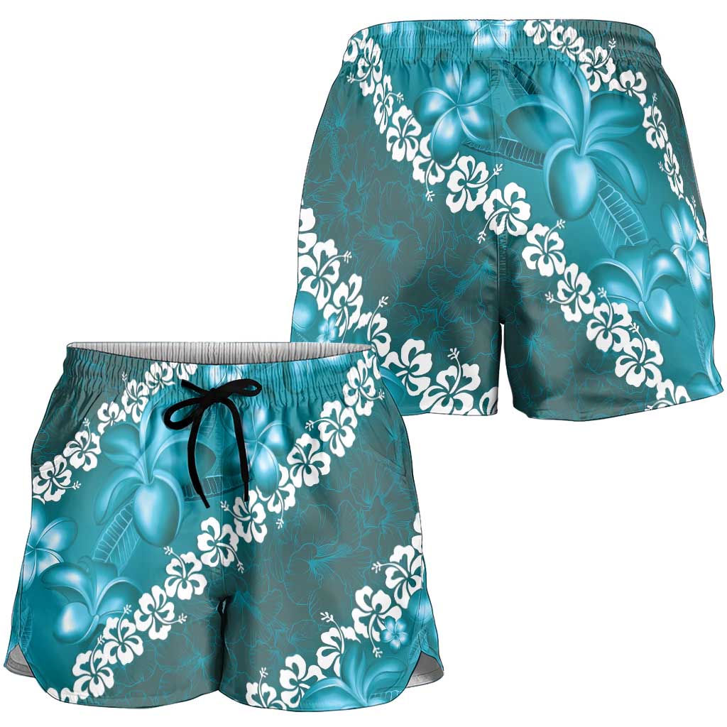 Vintage Dark Cyan Polynesia Shorts for Women Plumeria With Hibiscus Tropical Vibes LT14 - Polynesian Pride