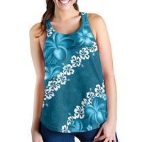 Vintage Dark Cyan Polynesia Women Racerback Tank Plumeria With Hibiscus Tropical Vibes - Polynesian Pride