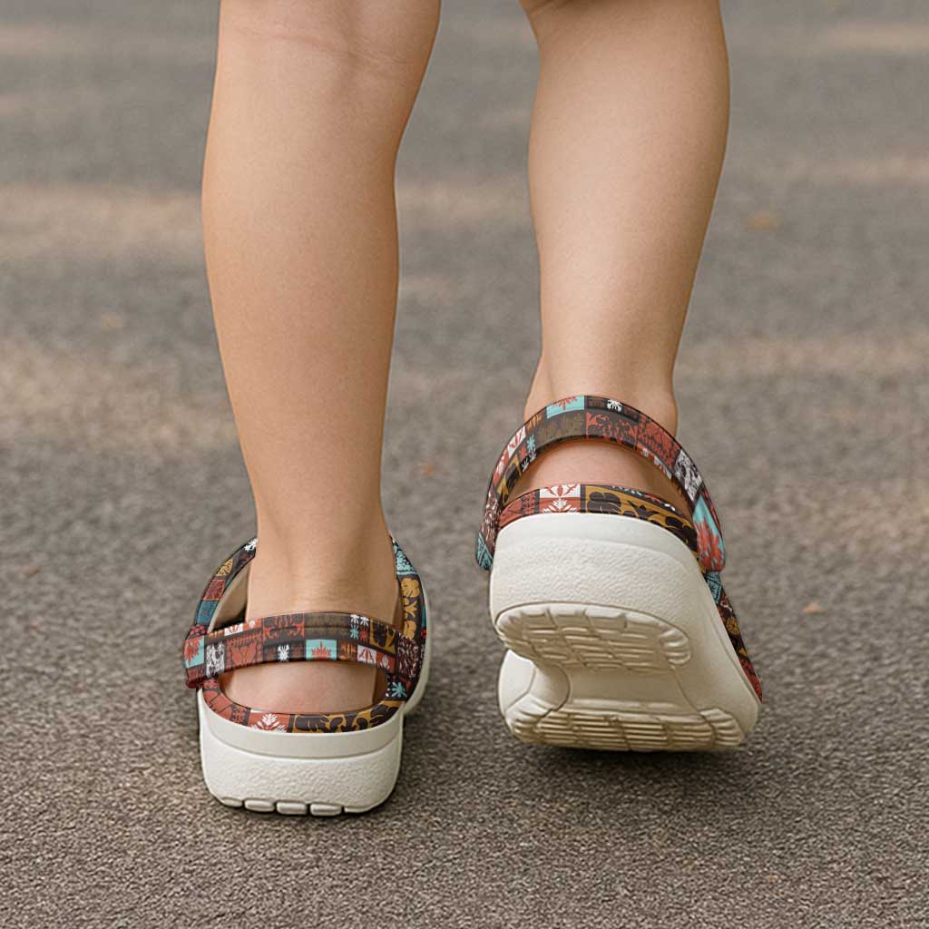 Vintage Hawaiian Quilting Patterns Clogs Shoes Brown Style Tribal Fabric Patchwork - Polynesian Pride