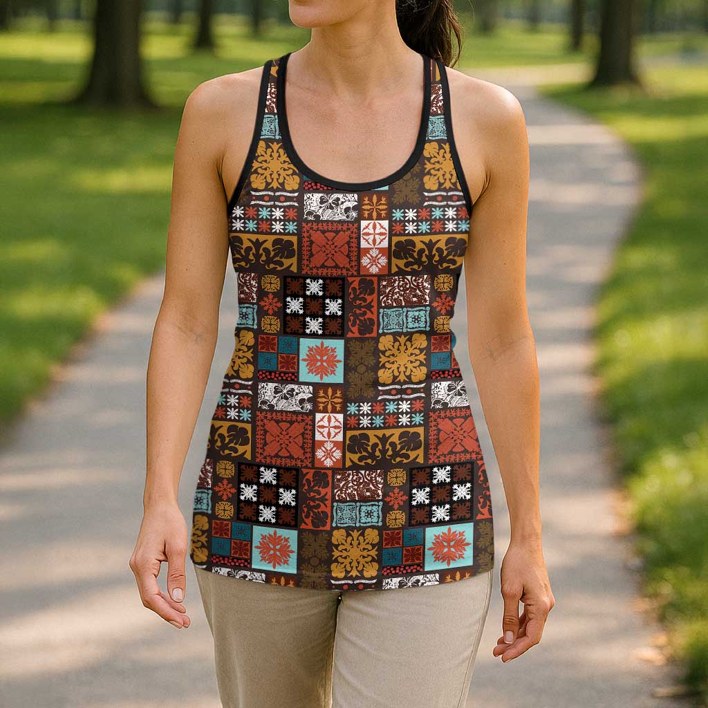Vintage Hawaiian Quilting Patterns Hollow Tank Top Brown Style Tribal Fabric Patchwork - Polynesian Pride