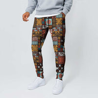 Vintage Hawaiian Quilting Patterns Jogger Pants Brown Style Tribal Fabric Patchwork - Polynesian Pride