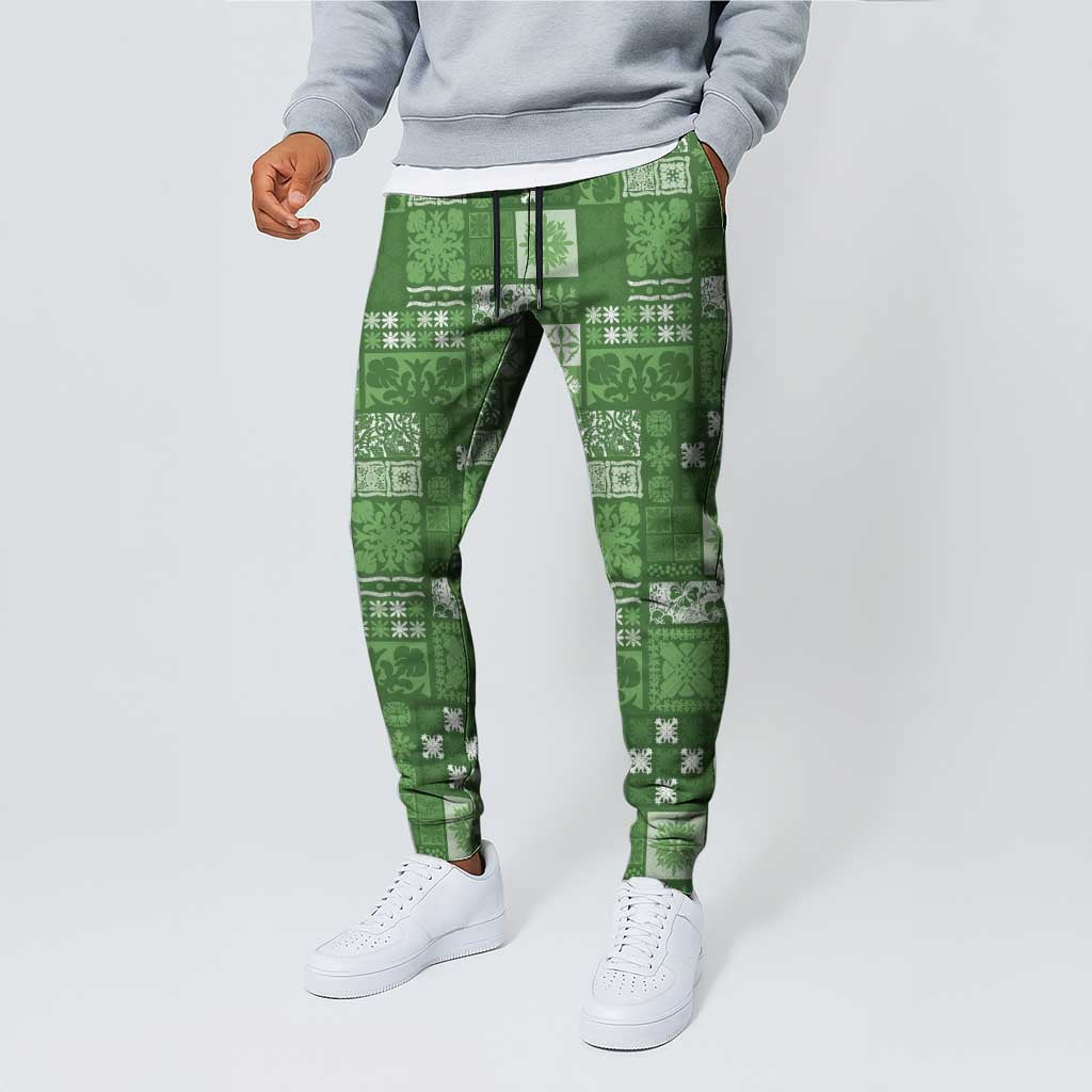 Vintage Hawaiian Quilting Patterns Jogger Pants Green Style Tribal Fabric Patchwork - Polynesian Pride