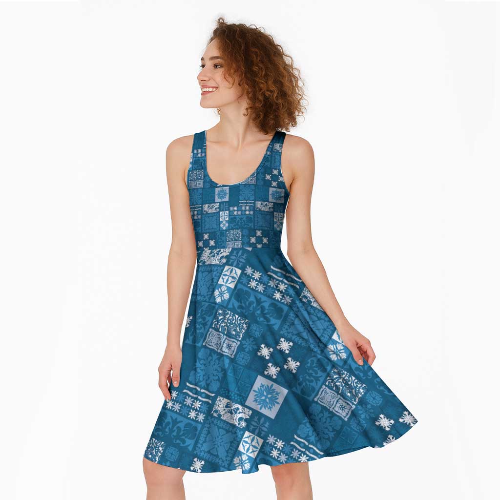 Vintage Hawaiian Quilting Patterns Midi Dress Blue Style Tribal Fabric Patchwork - Polynesian Pride