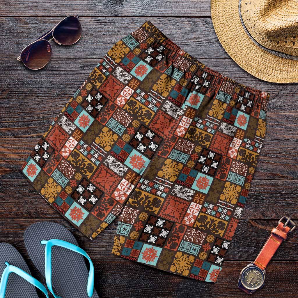 Vintage Hawaiian Quilting Patterns Shorts for Men Brown Style Tribal Fabric Patchwork - Polynesian Pride
