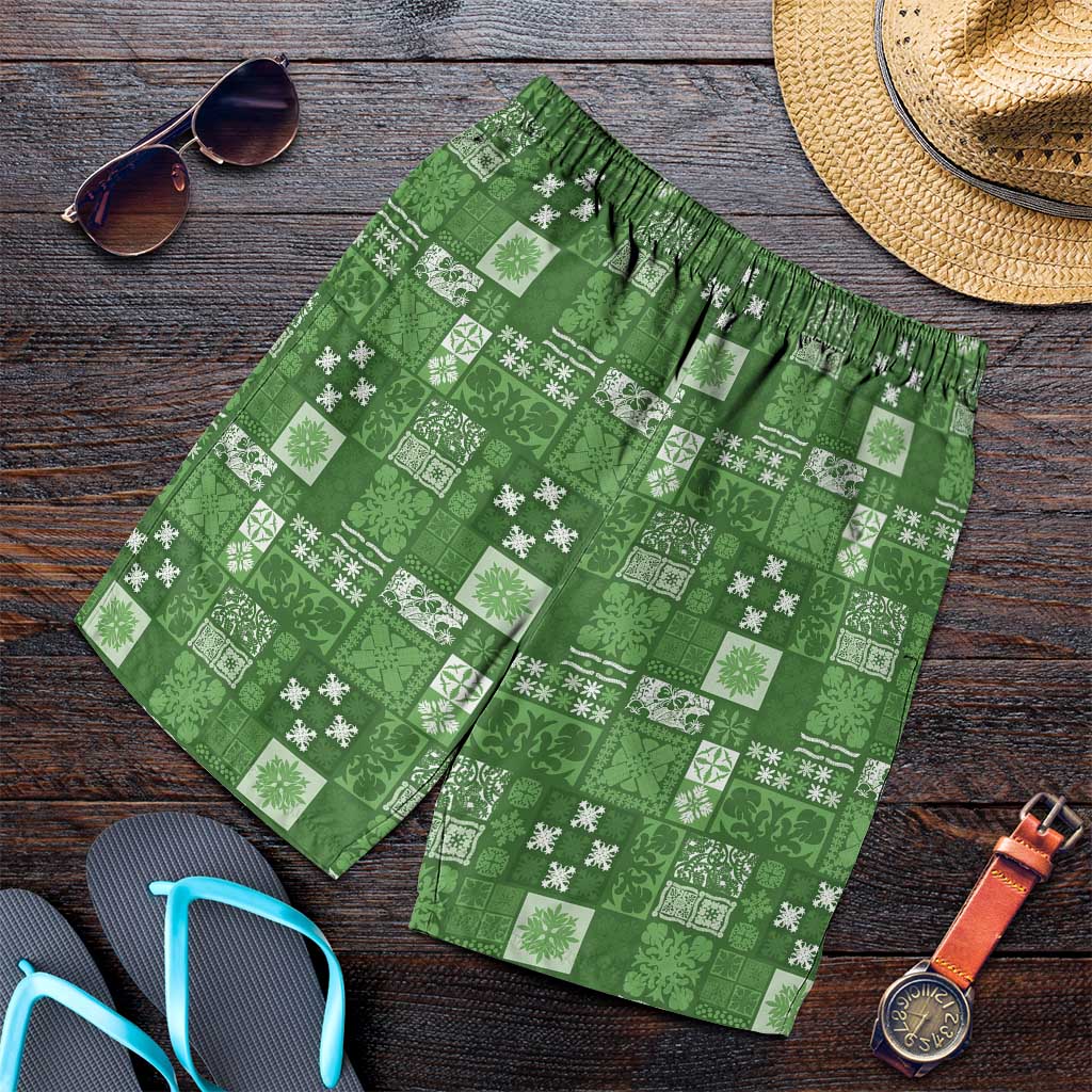 Vintage Hawaiian Quilting Patterns Shorts for Men Green Style Tribal Fabric Patchwork - Polynesian Pride