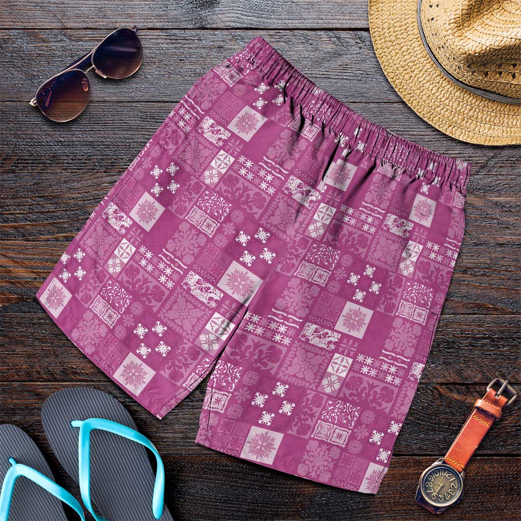 Vintage Hawaiian Quilting Patterns Shorts for Men Pink Style Tribal Fabric Patchwork - Polynesian Pride