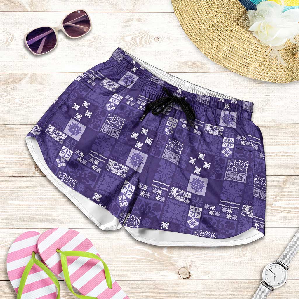 Vintage Hawaiian Quilting Patterns Shorts for Women Purple Style Tribal Fabric Patchwork - Polynesian Pride