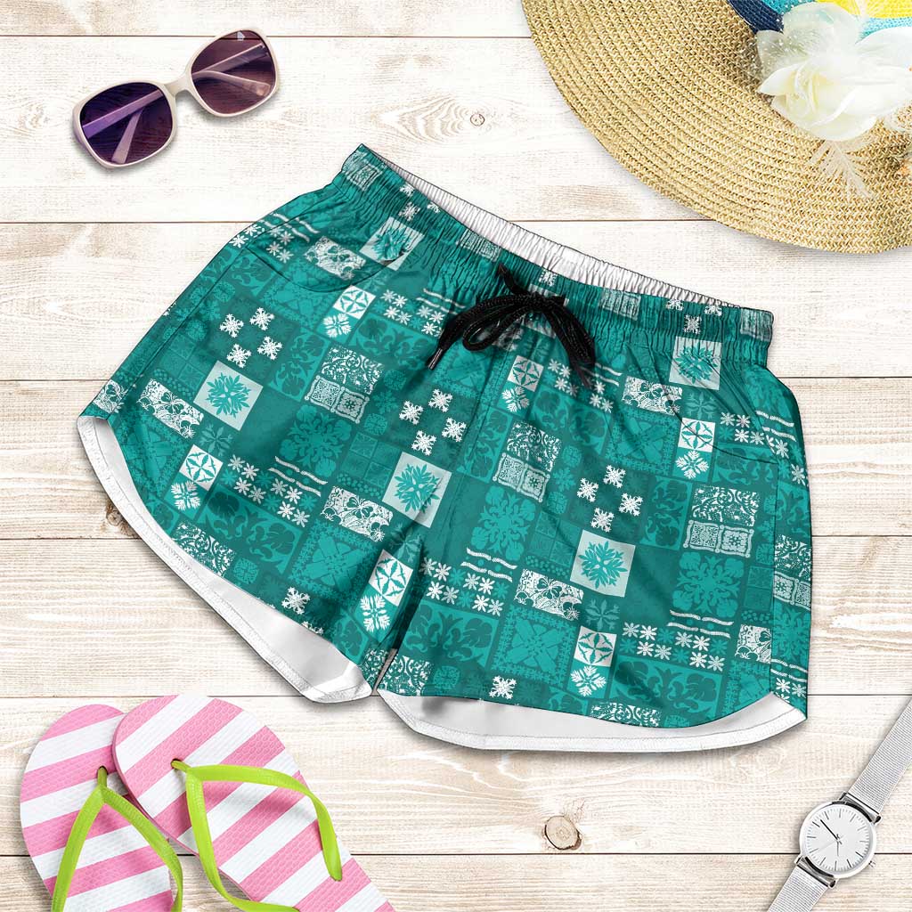 Vintage Hawaiian Quilting Patterns Shorts for Women Turquoise Style Tribal Fabric Patchwork - Polynesian Pride