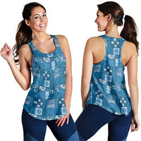 Vintage Hawaiian Quilting Patterns Women Racerback Tank Blue Style Tribal Fabric Patchwork - Polynesian Pride