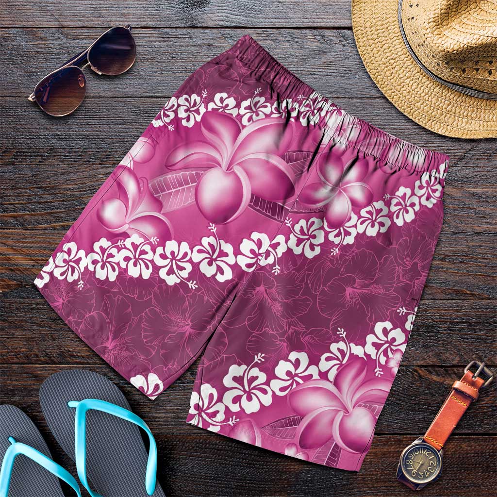 Vintage Pink Polynesia Shorts for Men Plumeria With Hibiscus Tropical Vibes LT14 Pink - Polynesian Pride
