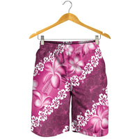 Vintage Pink Polynesia Shorts for Men Plumeria With Hibiscus Tropical Vibes LT14 - Polynesian Pride