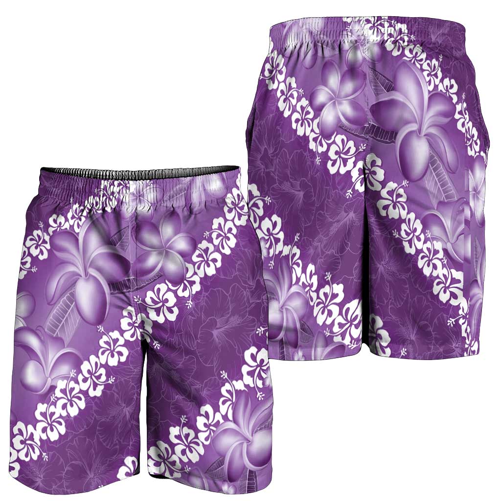 Vintage Purple Polynesia Shorts for Men Plumeria With Hibiscus Tropical Vibes LT14 - Polynesian Pride