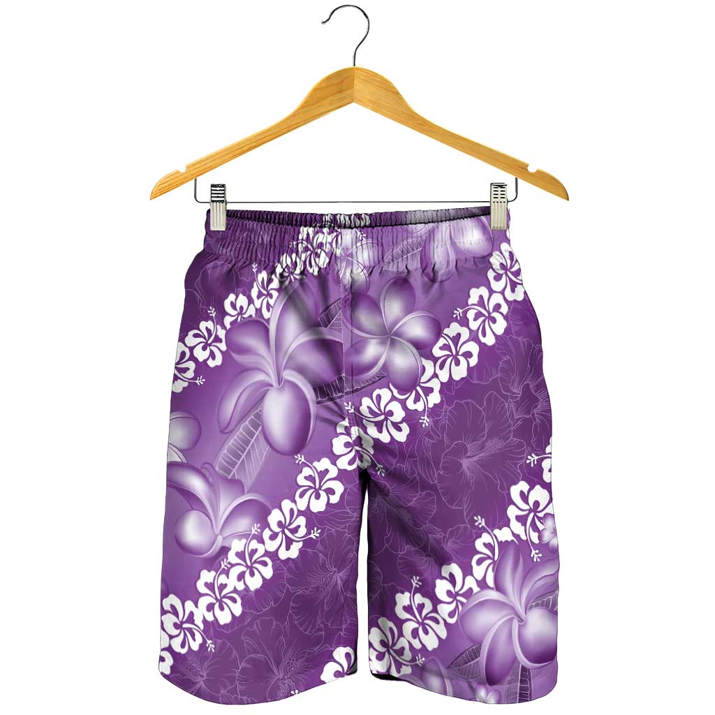 Vintage Purple Polynesia Shorts for Men Plumeria With Hibiscus Tropical Vibes LT14 - Polynesian Pride