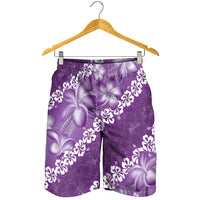 Vintage Purple Polynesia Shorts for Men Plumeria With Hibiscus Tropical Vibes LT14 - Polynesian Pride