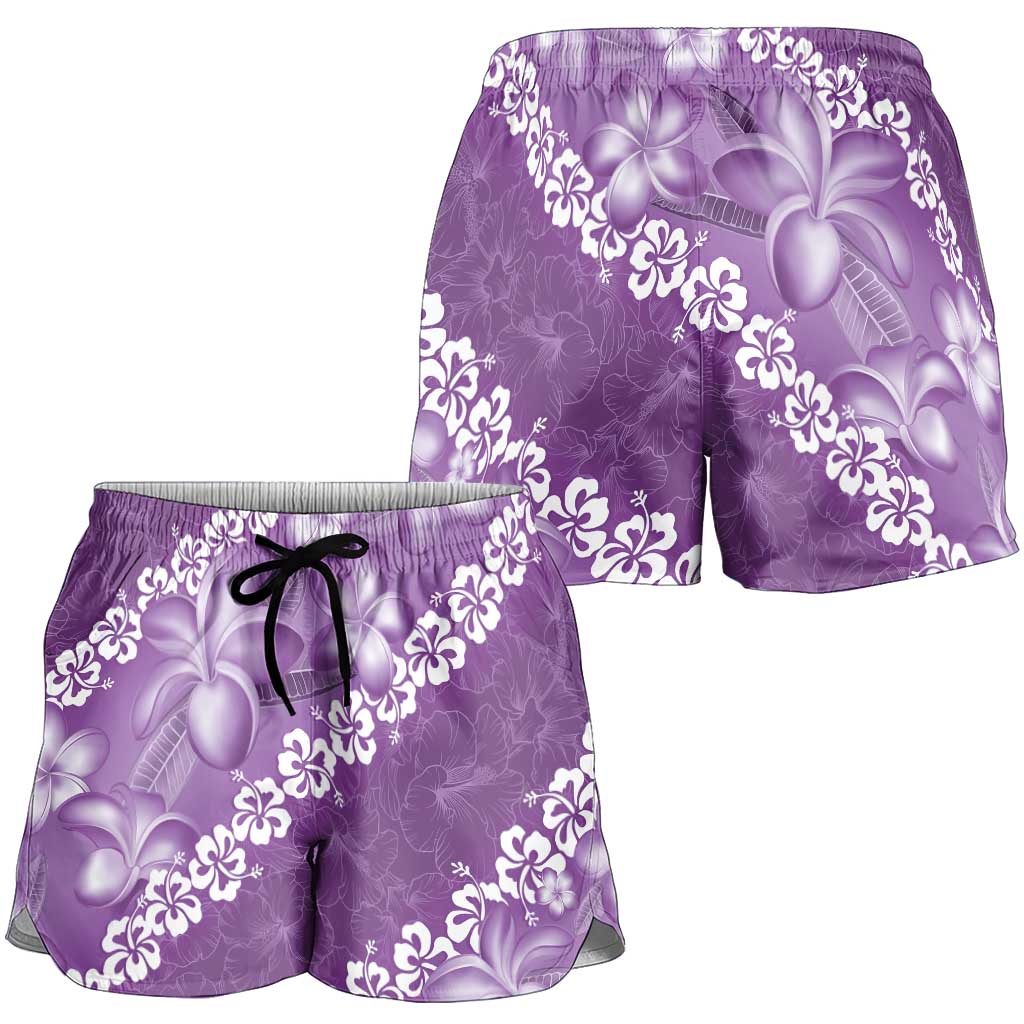 Vintage Purple Polynesia Shorts for Women Plumeria With Hibiscus Tropical Vibes LT14 - Polynesian Pride
