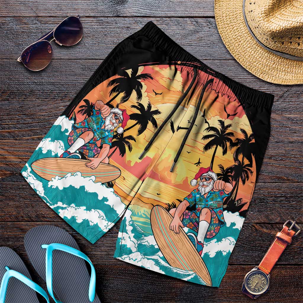 Vintage Santa Claus Surfing Summer Shorts for Men Mele Kalikimaka i Iulai! LT9 Black - Polynesian Pride