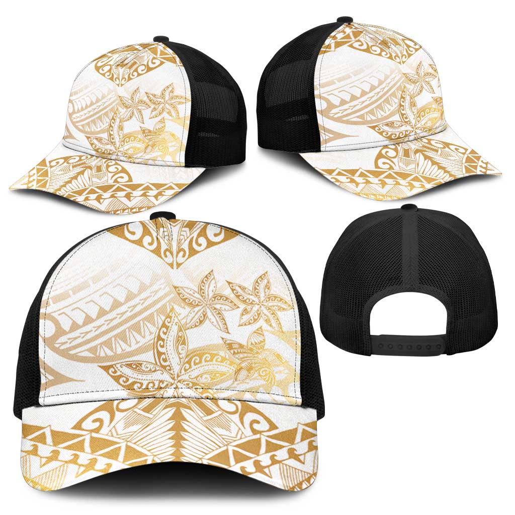 White and Gold Polynesia Baseball Net Cap Plumeria Tattoo With Polynesian Pattern - Polynesian Pride