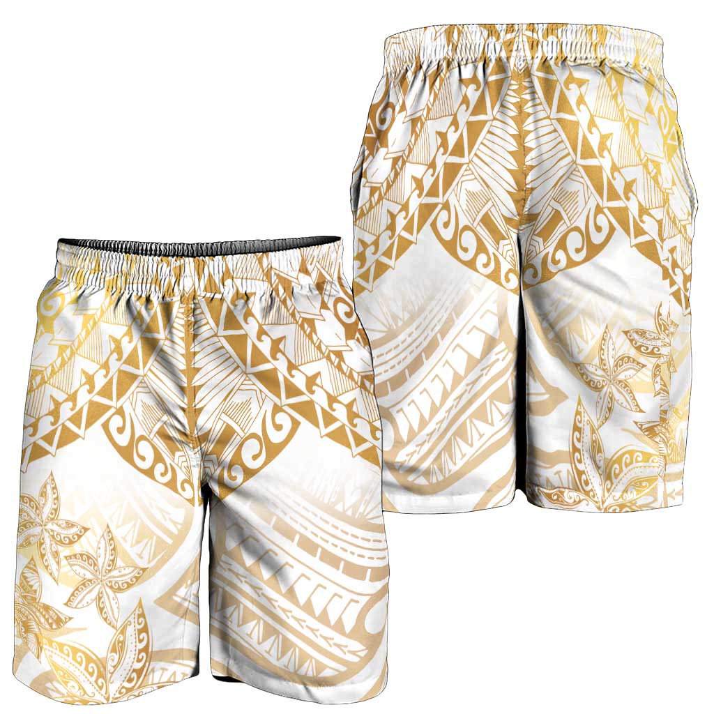 White and Gold Polynesia Shorts for Men Plumeria Tattoo With Polynesian Pattern LT14 - Polynesian Pride