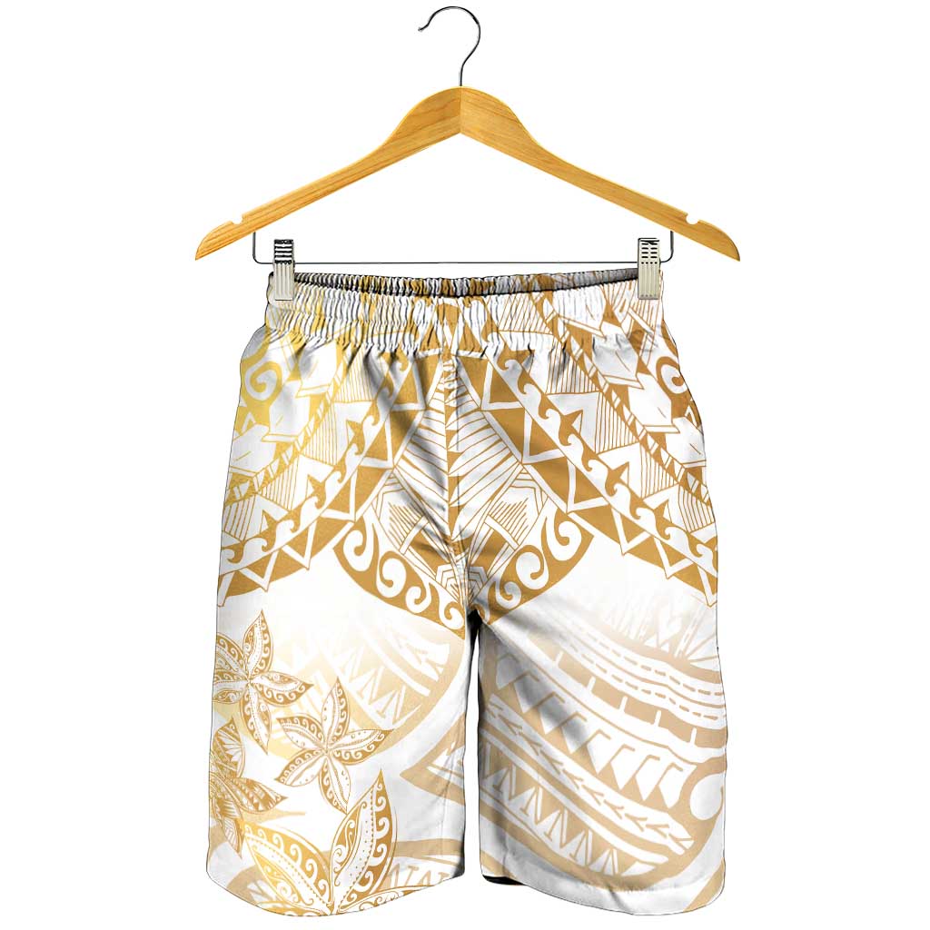 White and Gold Polynesia Shorts for Men Plumeria Tattoo With Polynesian Pattern LT14 - Polynesian Pride