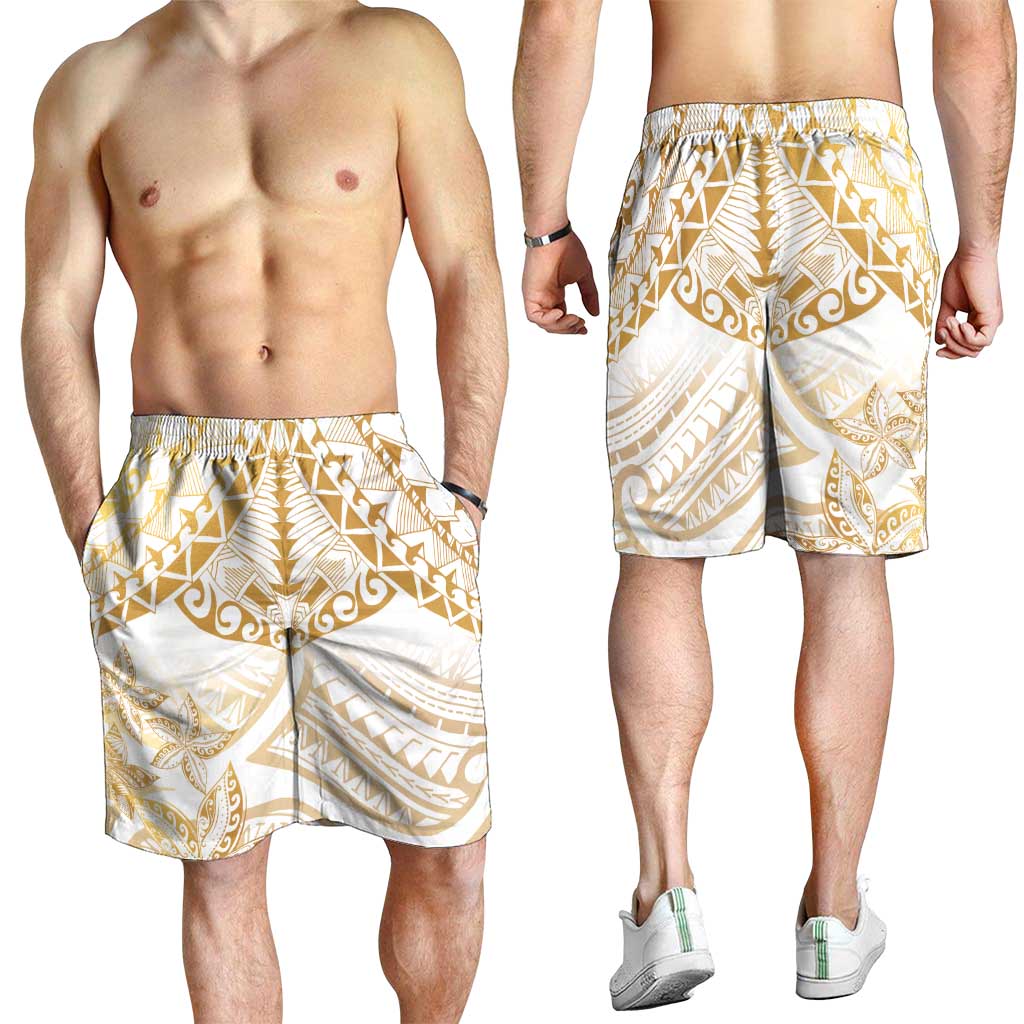 White and Gold Polynesia Shorts for Men Plumeria Tattoo With Polynesian Pattern LT14 - Polynesian Pride