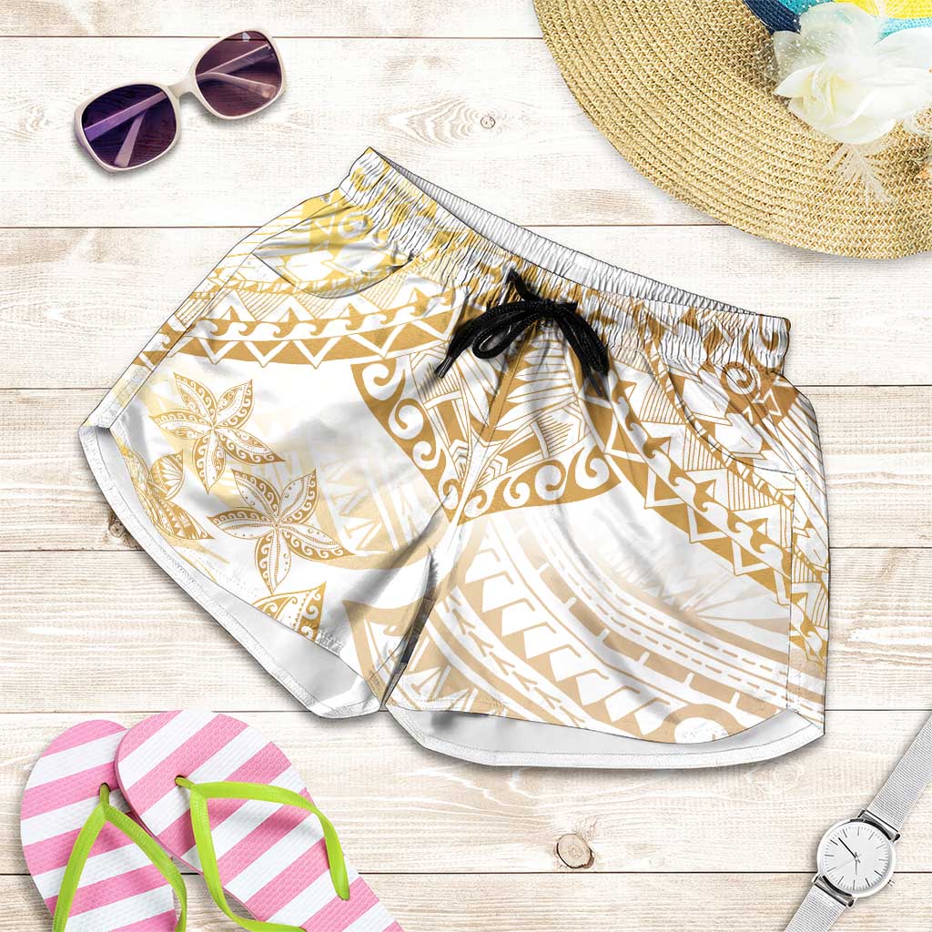 White and Gold Polynesia Shorts for Women Plumeria Tattoo With Polynesian Pattern LT14 White - Polynesian Pride