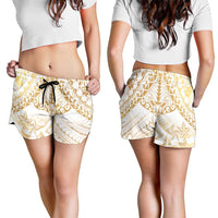 White and Gold Polynesia Shorts for Women Plumeria Tattoo With Polynesian Pattern LT14 - Polynesian Pride
