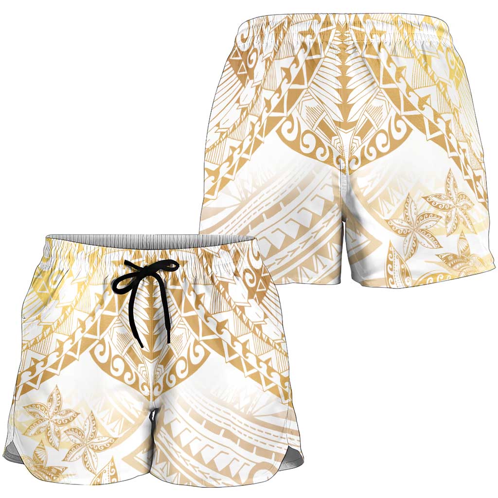 White and Gold Polynesia Shorts for Women Plumeria Tattoo With Polynesian Pattern LT14 - Polynesian Pride