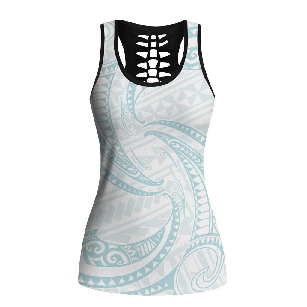 White Sunday Lotu Tamaiti Hollow Tank Top Polynesian Wave Pastel Cyan LT9 Female Cyan - Polynesian Pride