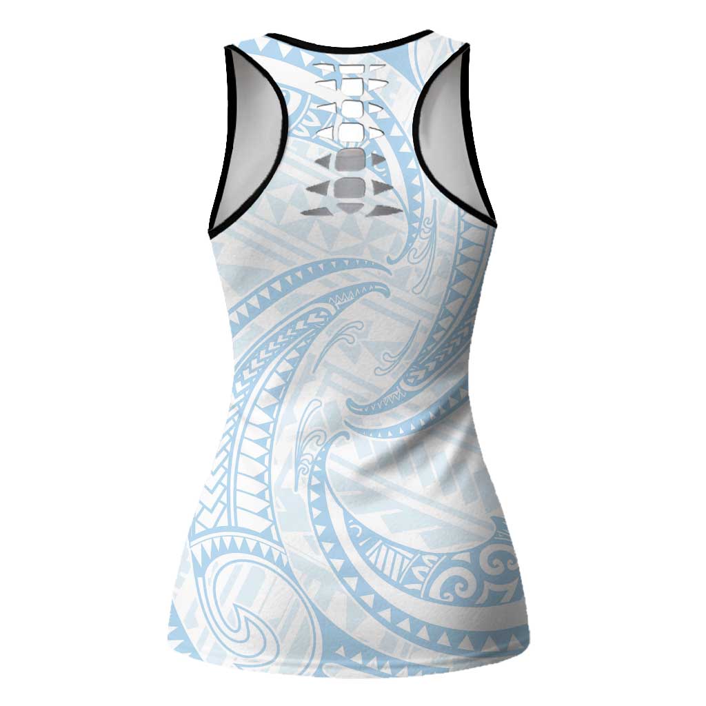 White Sunday Lotu Tamaiti Hollow Tank Top Polynesian Wave Pastel Sky Blue LT9 - Polynesian Pride
