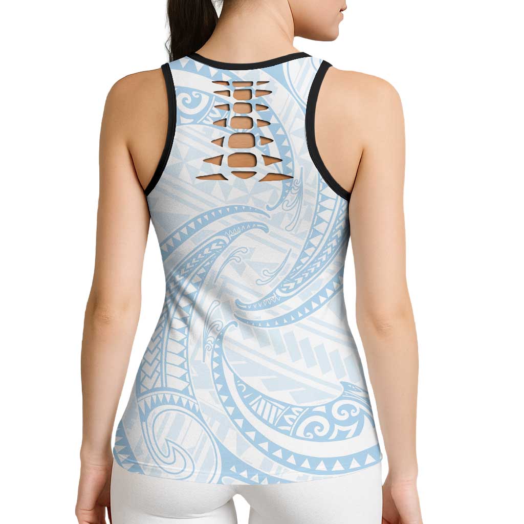 White Sunday Lotu Tamaiti Hollow Tank Top Polynesian Wave Pastel Sky Blue LT9 - Polynesian Pride