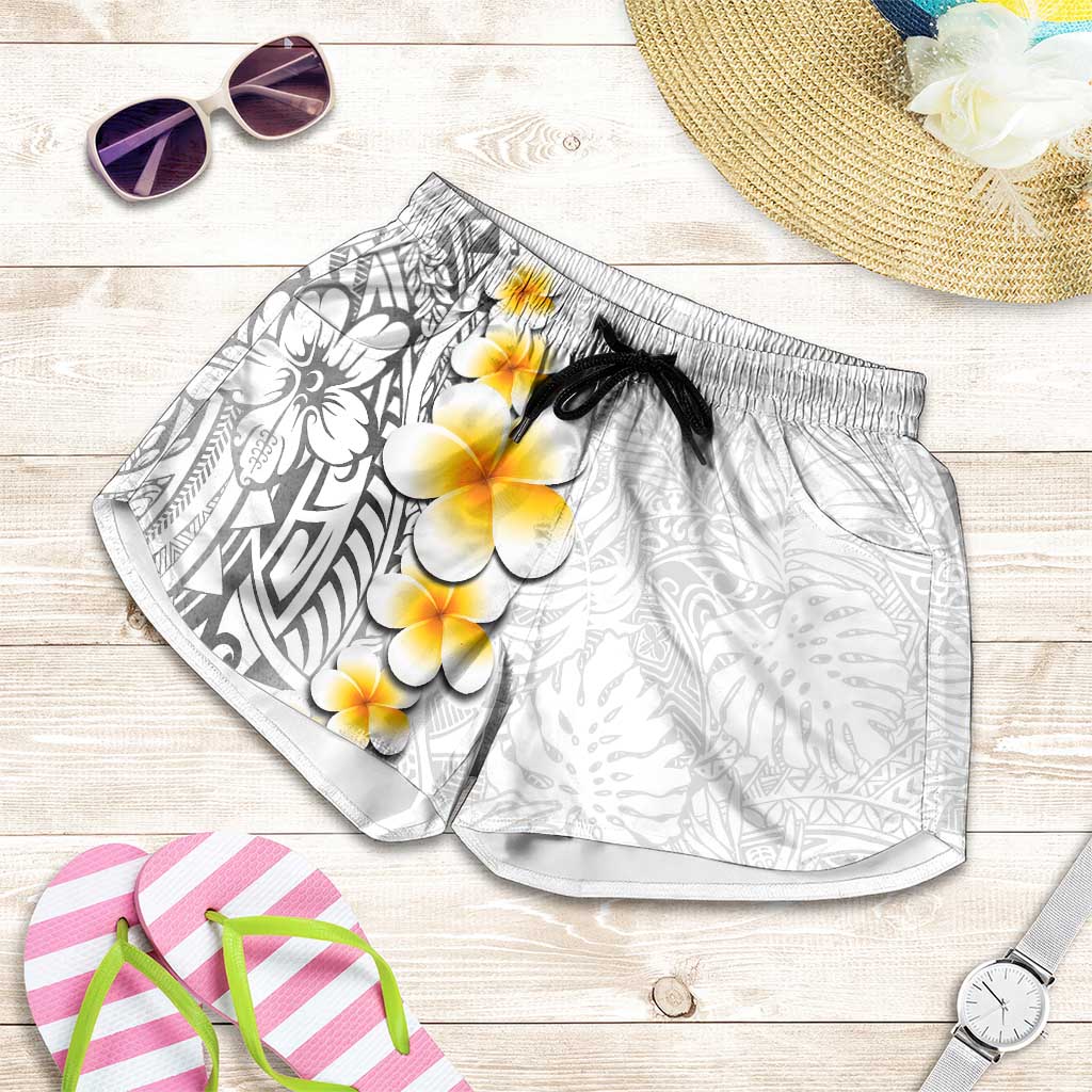 White Tropical Plumeria With Galaxy Polynesian Art Shorts for Women - Polynesian Pride