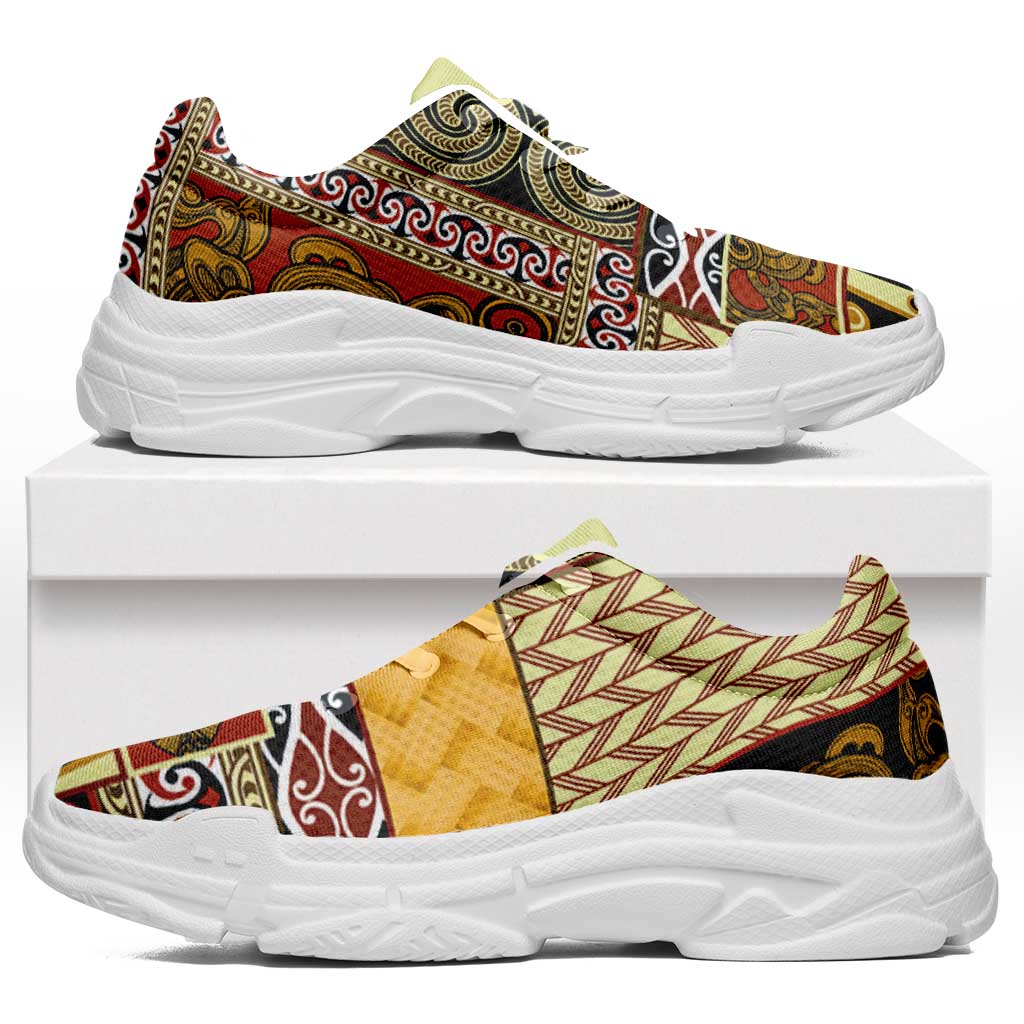 Yellow Aotearoa Kowhaiwhai Pattern Chunky Sneakers NZ Maori Quilt Style - Polynesian Pride