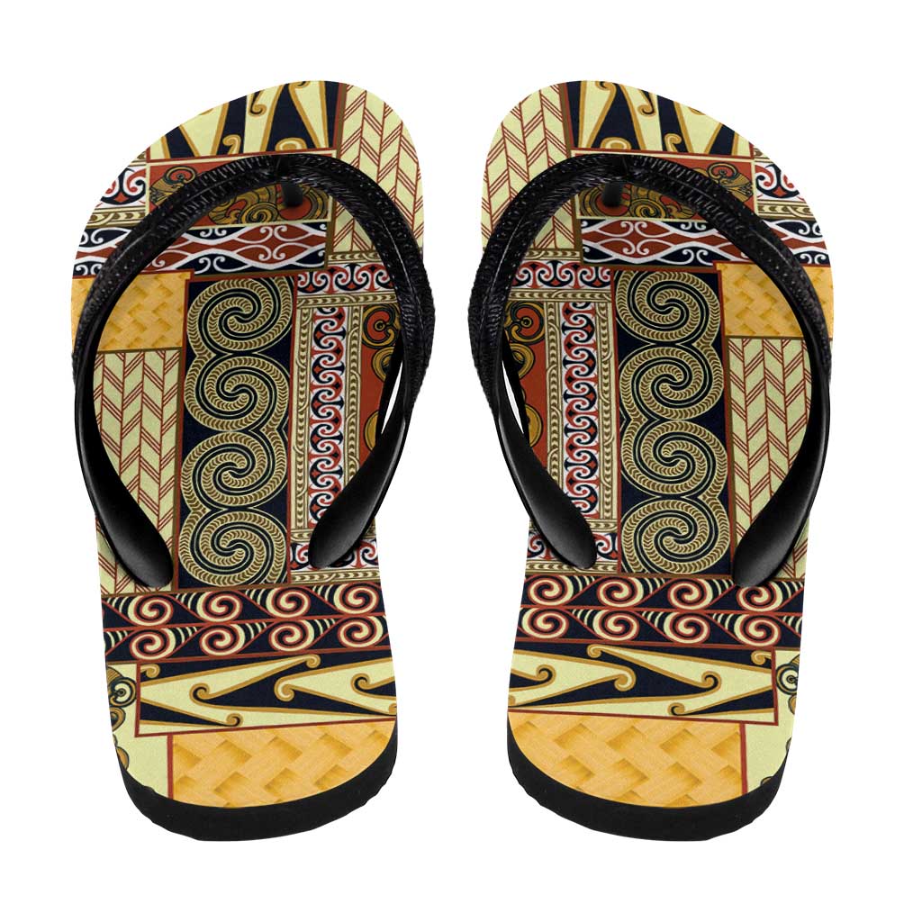 Yellow Aotearoa Kowhaiwhai Pattern Flip Flops NZ Maori Quilt Style - Polynesian Pride