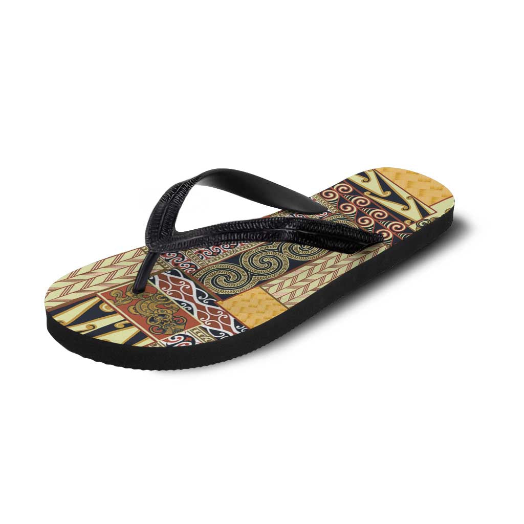 Yellow Aotearoa Kowhaiwhai Pattern Flip Flops NZ Maori Quilt Style - Polynesian Pride