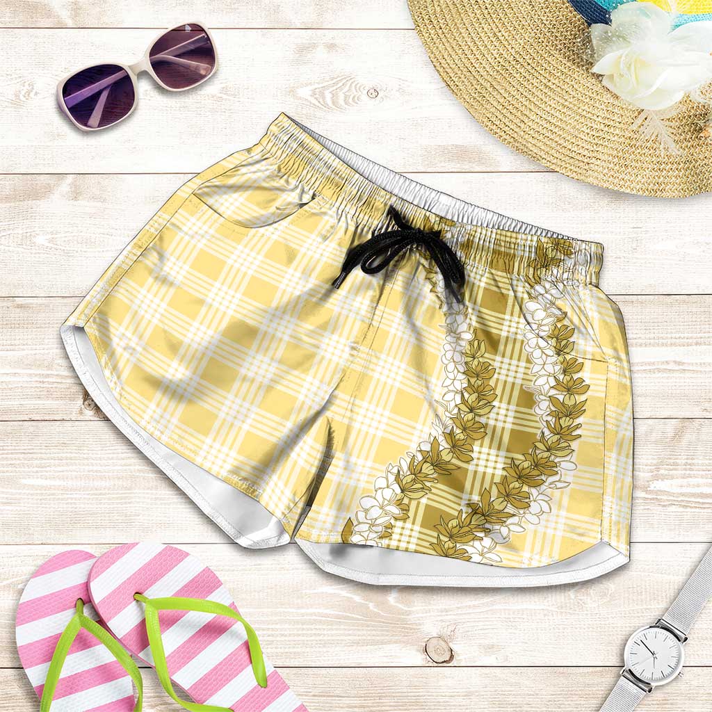 Yellow Hawaii Palaka Shorts for Women Hawaiian Honohono Lei