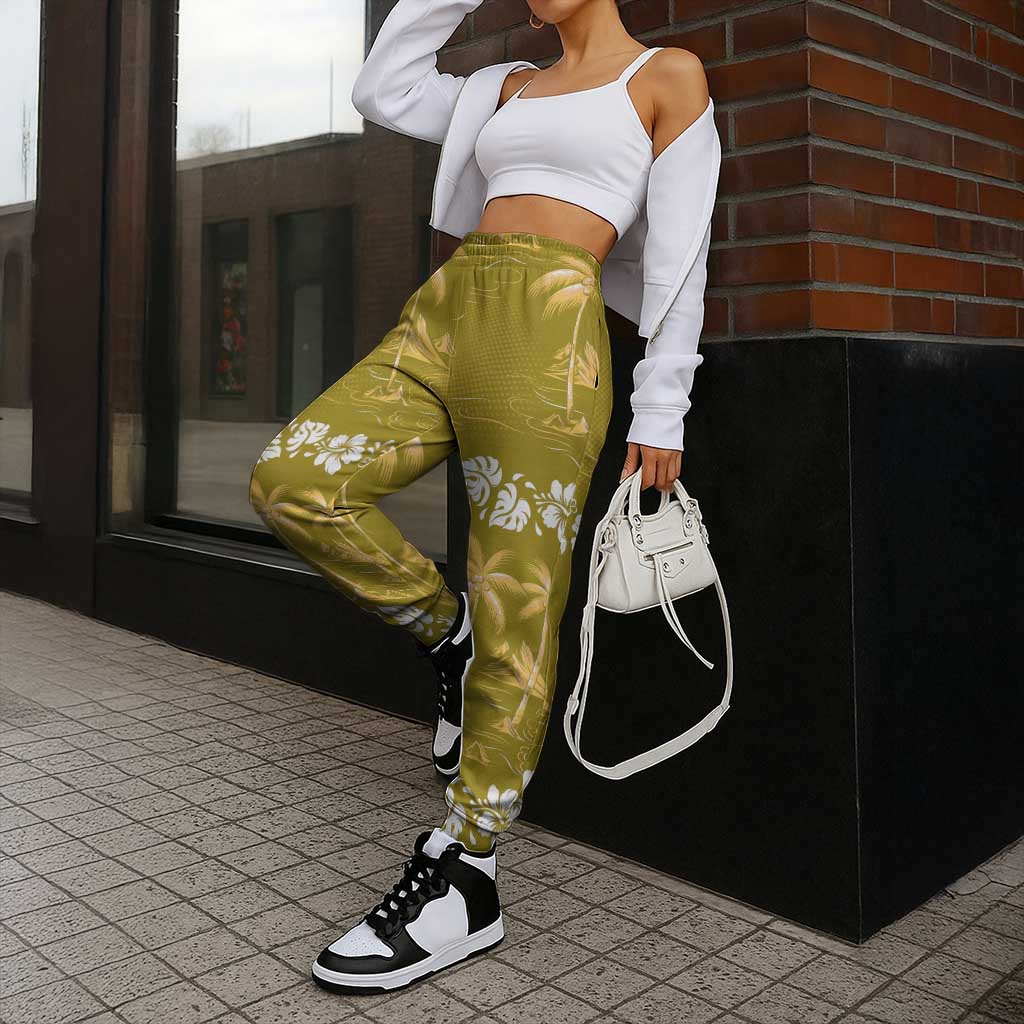 Yellow Hawaii Palm Tree Hibiscus Jogger Pants Fantasy Summer Vibe