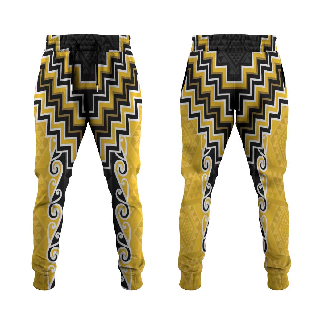 Yellow Niho Taniwha Mix Poutama Jogger Pants Unique Taniko Aotearoa LT01 Yellow - Polynesian Pride