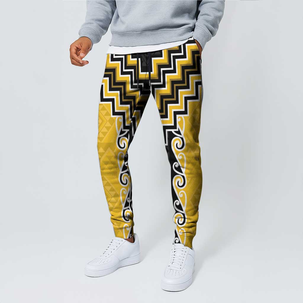 Yellow Niho Taniwha Mix Poutama Jogger Pants Unique Taniko Aotearoa LT01 - Polynesian Pride