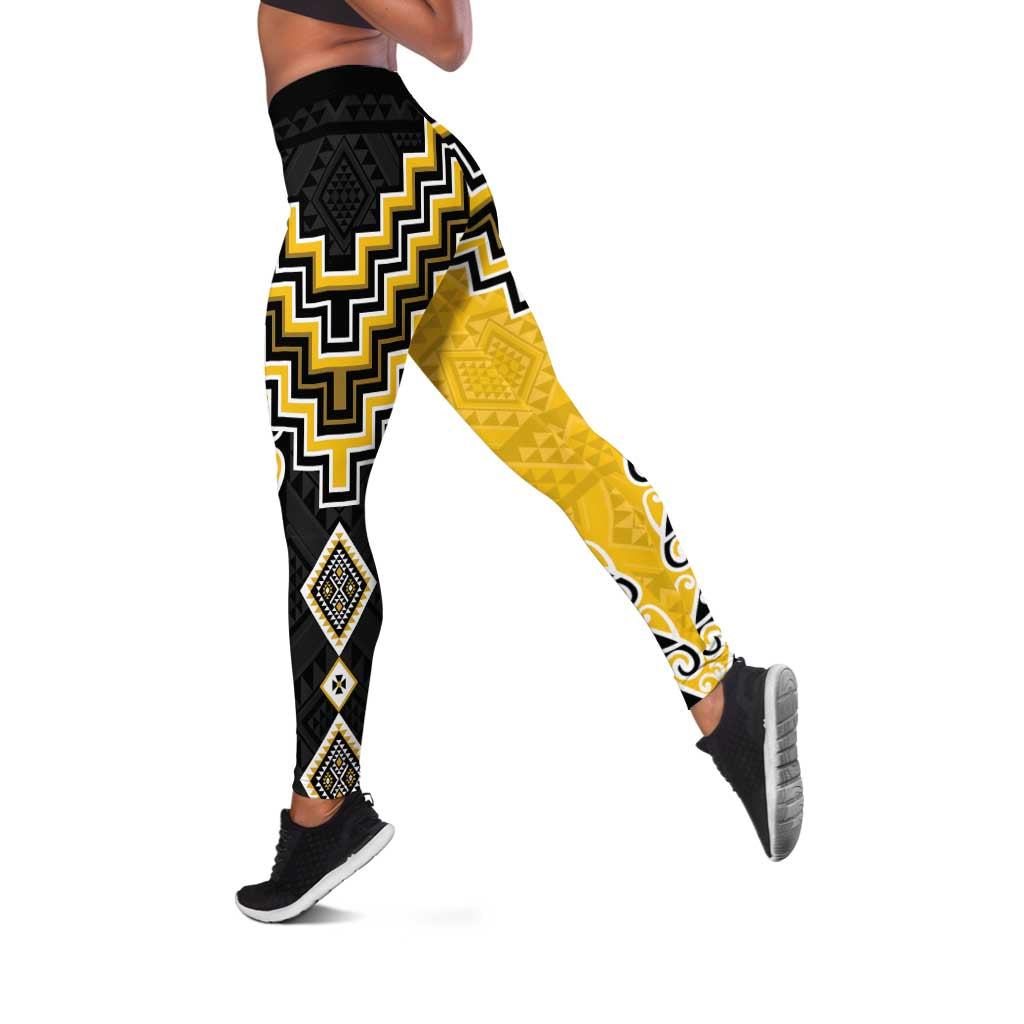 Yellow Niho Taniwha Mix Poutama Leggings Unique Taniko Aotearoa LT01 Yellow - Polynesian Pride