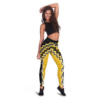 Yellow Niho Taniwha Mix Poutama Leggings Unique Taniko Aotearoa LT01 - Polynesian Pride