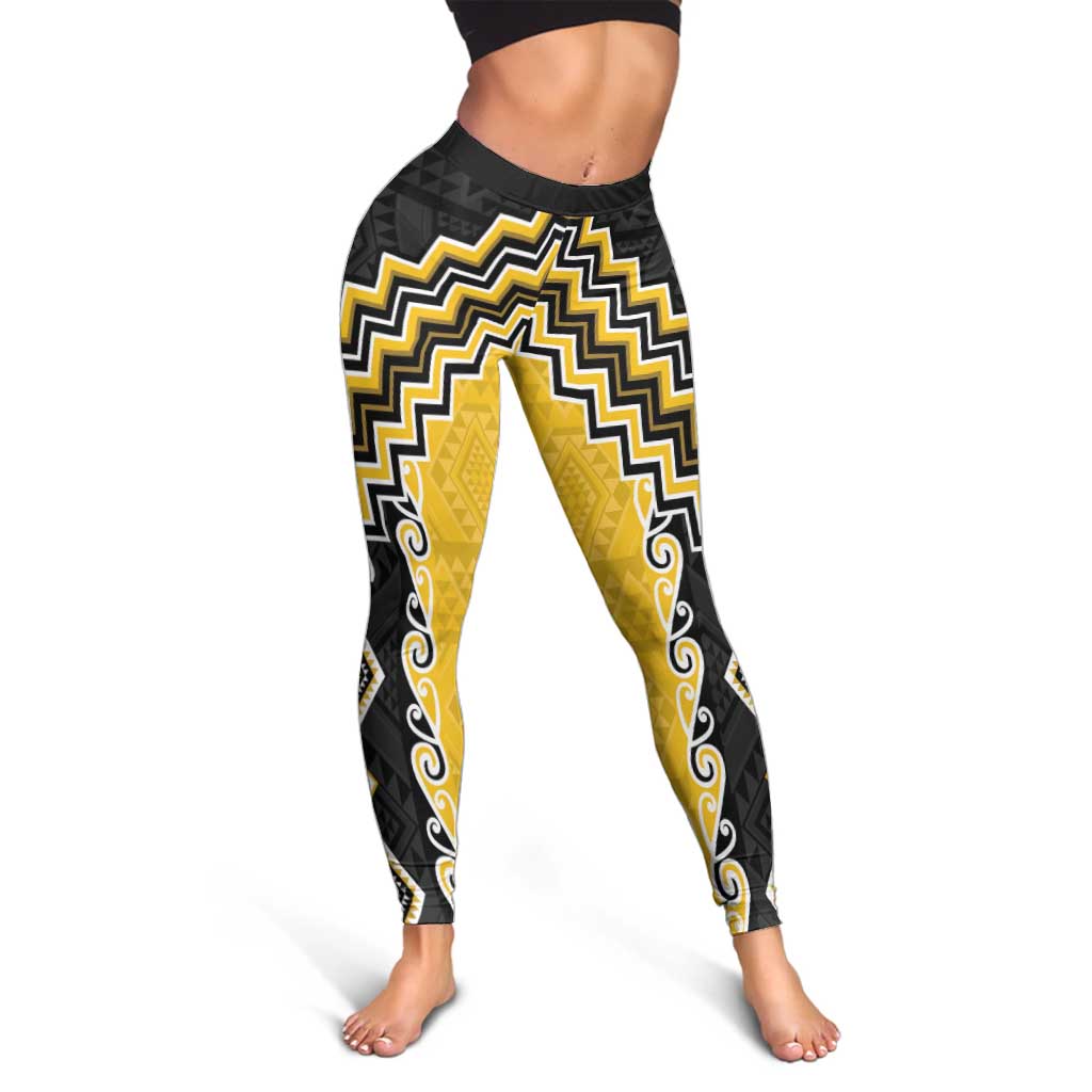 Yellow Niho Taniwha Mix Poutama Leggings Unique Taniko Aotearoa LT01 - Polynesian Pride