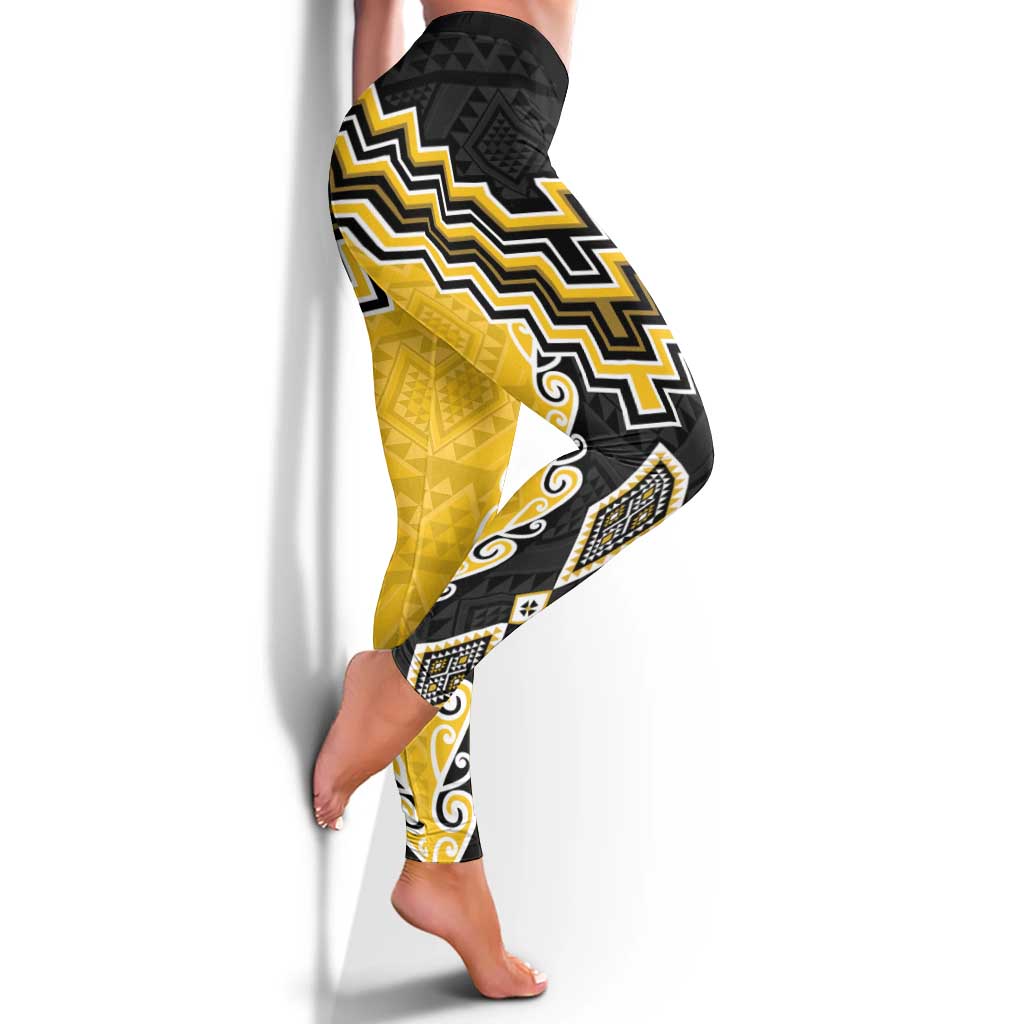Yellow Niho Taniwha Mix Poutama Leggings Unique Taniko Aotearoa LT01 - Polynesian Pride