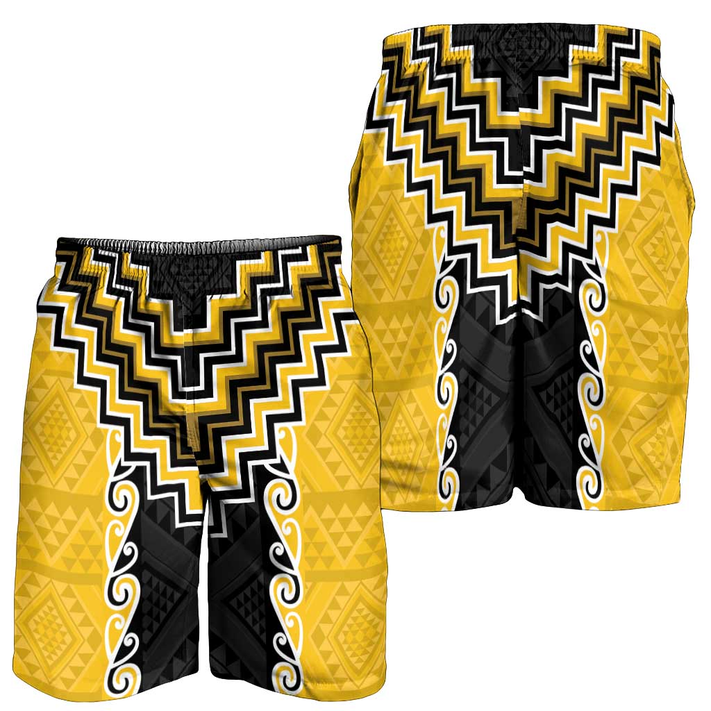 Yellow Niho Taniwha Mix Poutama Shorts for Men Unique Taniko Aotearoa LT01 - Polynesian Pride
