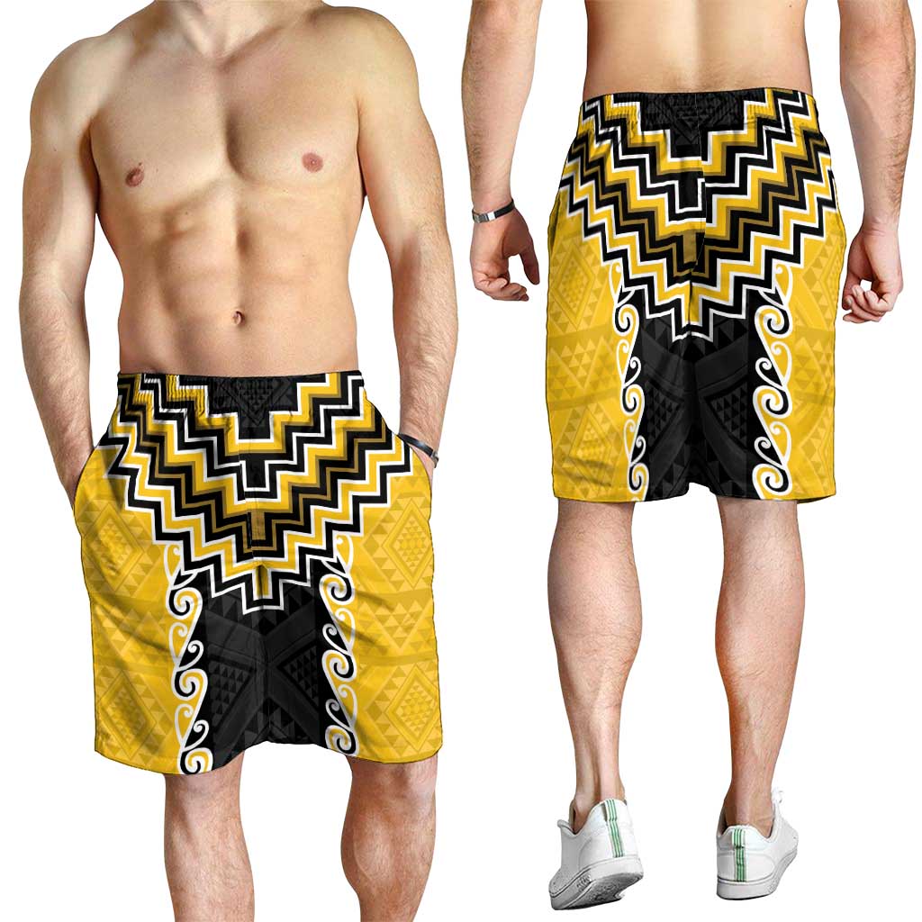 Yellow Niho Taniwha Mix Poutama Shorts for Men Unique Taniko Aotearoa LT01 - Polynesian Pride