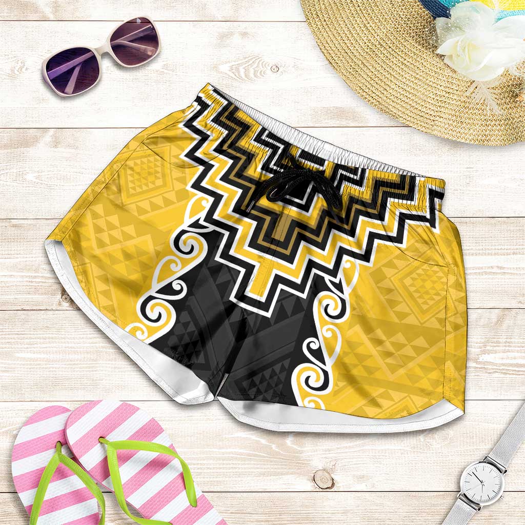 Yellow Niho Taniwha Mix Poutama Shorts for Women Unique Taniko Aotearoa LT01 Yellow - Polynesian Pride