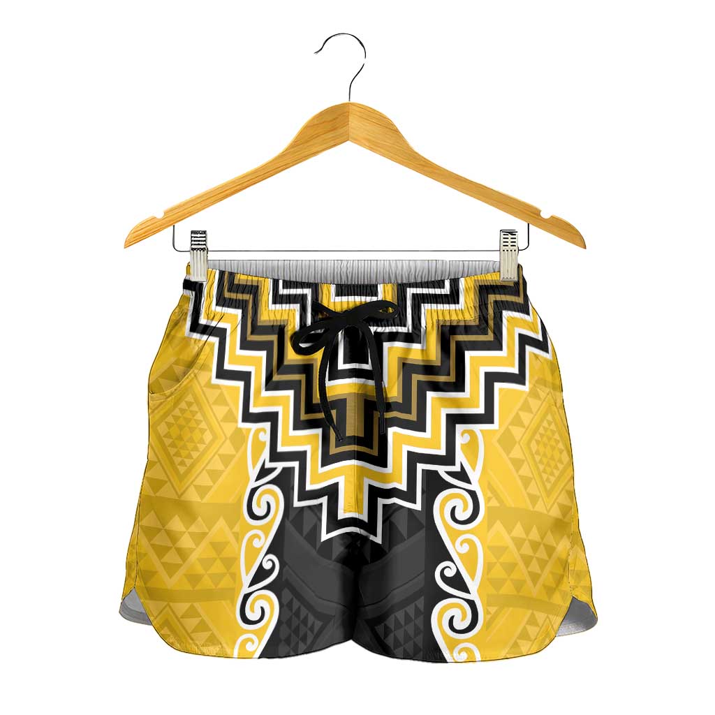 Yellow Niho Taniwha Mix Poutama Shorts for Women Unique Taniko Aotearoa LT01 - Polynesian Pride
