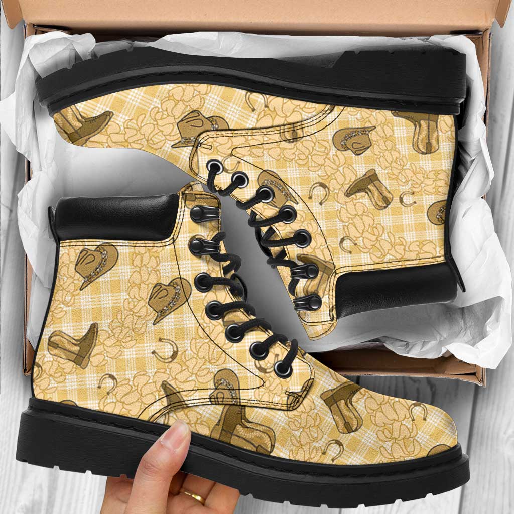 Yellow Palaka Hawaii Cowboy All Season Boots Puakenikeni Lei Paniolo Papale Seamless Vibes - Polynesian Pride