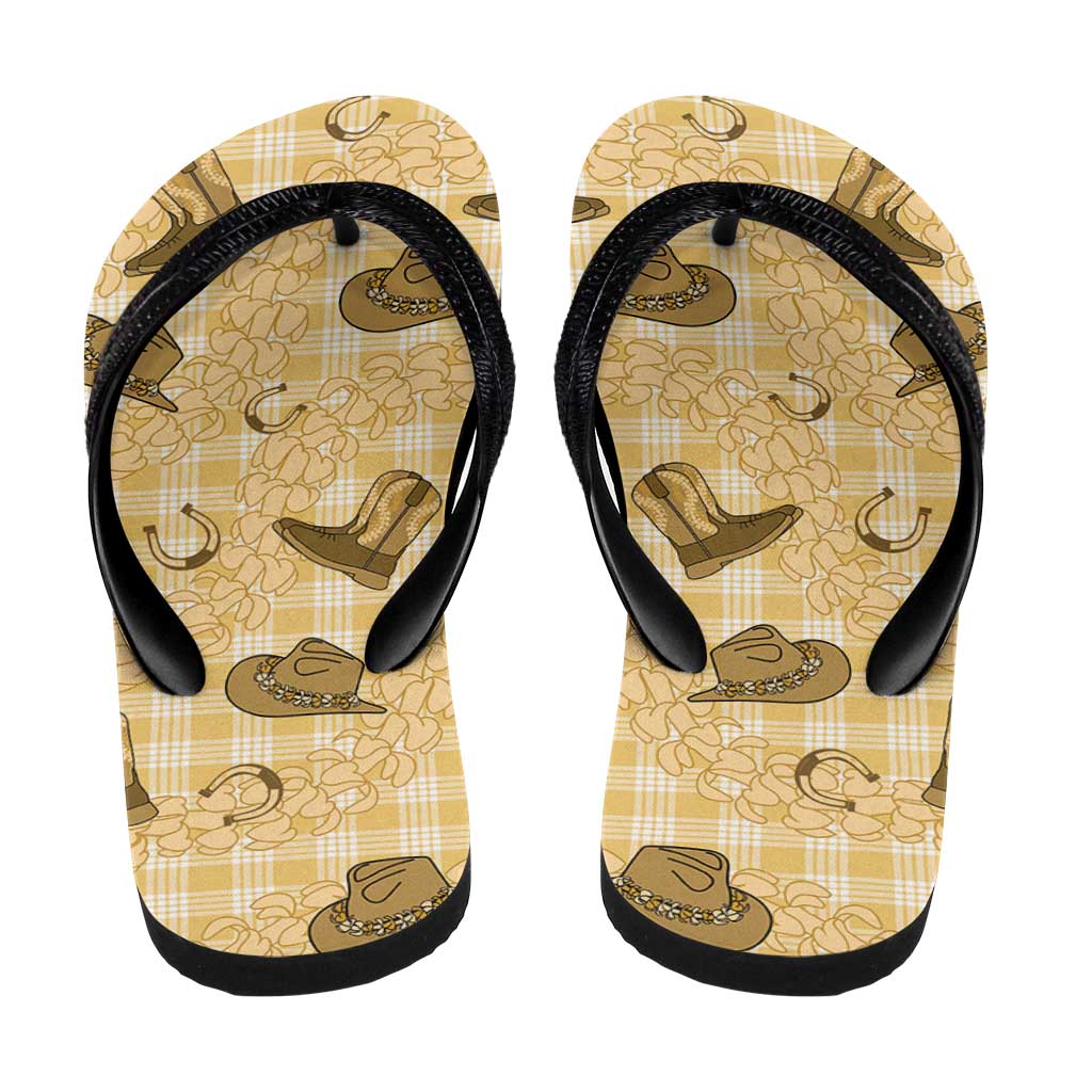 Yellow Palaka Hawaii Cowboy Flip Flops Puakenikeni Lei Paniolo Papale Seamless Vibes - Polynesian Pride