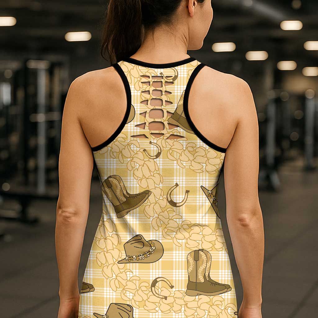 Yellow Palaka Hawaii Cowboy Hollow Tank Top Puakenikeni Lei Paniolo Papale Seamless Vibes - Polynesian Pride